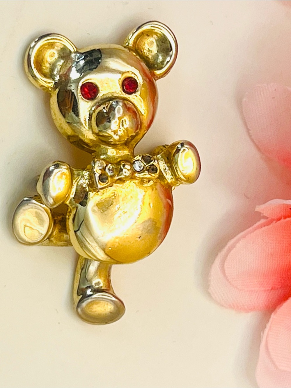 Gold Teddy Bear brooch with Red Crystal Eyes -